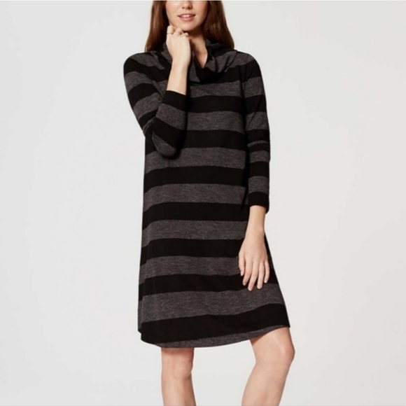 LOFT Dresses & Skirts - NWT LOFT Ann Taylor Long Sleeve Cowl Neck Black Gray Striped Dress Size Small